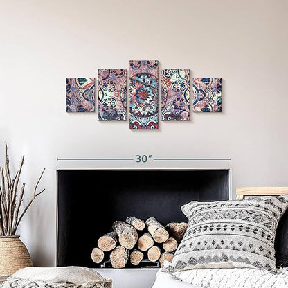 ElephantStock - Mandala Enchantment Wall Art - Horizontal Multi Panel Canvas - 5 Piece Living Room Wall Decor - Digital Art Elements Multi Piece Wall Art - Blue And Beige Decor - 29" x 12"
