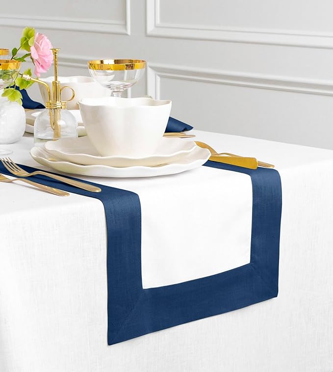 Solino Home Linen Table Runner 72 Inches Long - Indigo Blue and White 100% Pure Linen 14 x 72 Inch Table Runner for Dining, Fall, Autumn - Contempo