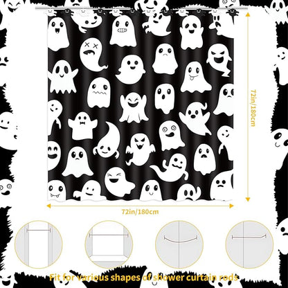 Halloween Shower Curtain, Spooky Cute Ghosts Cartoon Print, Black & White Fabric Bathroom Decor for Boys, Trick or Treat - Includes 12 Hooks and Ghost Decorations, 72x72 Inch