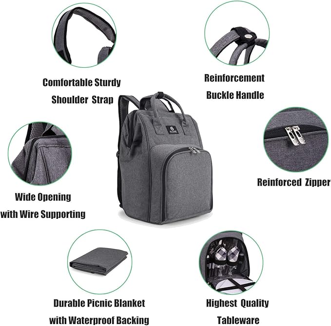 ALLCAMP OUTDOOR GEAR Picnic Backpack for 2 Person W/ Fleece Blanket, Plates and Cutlery Set