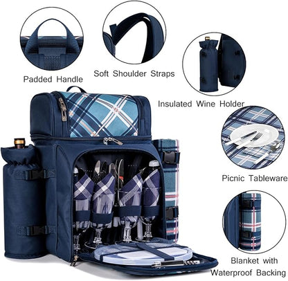 ALLCAMP Picnic Basket Backpack Cooler for 4 Person with 2 Insulated Cooler Compartment, Detachable Bottle/Wine Holder, Fleece Blanket, Plates and Cutlery for Family,Couple and Friend gatherings (Blue)