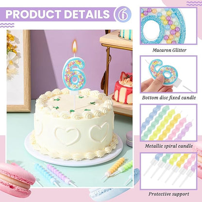MTLEE Birthday Candle Macaron Glitter 3D Number Candle with 12 Pcs Rainbow Spiral Candles in Holders for Girl Boy Cake Topper Wedding Anniversary Pastel Sweet Theme Party Decoration(Blue,Number 6)