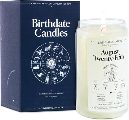 Birthdate Candles, August 25 - Virgo Zodiac Scented Candles Birthday Gift - Sage, Jasmine & Palo Santo Scent - All-Natural Soy & Coconut Wax, 60-80 Hour Burn Time - Made in USA