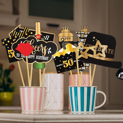 LINGTEER Happy 50th Birthday Party Photo Booth Props,Cheers to 50th Birthday Fifty Years Old Bday Party Centerpieces Props Decorations Sign.