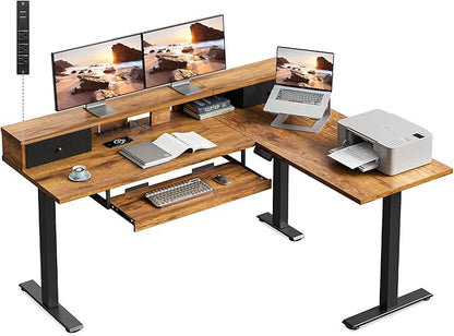 Casaottima 59 Inch Electric L-Shaped Standing Desk with Drawers, Height Adjustable Stand Up Corner Desk with Monitor Stand & Keyboard Tray, Lift Table for Home Office, Workstation, Rustic Brown