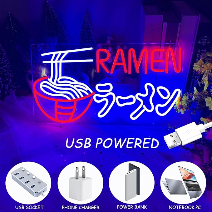 Ramen Neon Sign Japanese Noodles Neon Light for Wall Decor Dimmable LED Ramen Light Up Signs USB Powered Food Shop Neon Signs for Restaurant Store Kitchen Home Bar Dinning Room Christmas