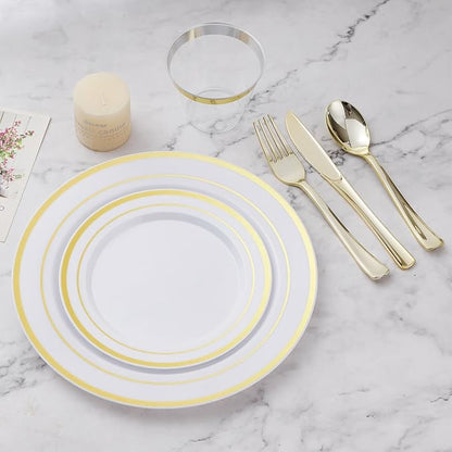 BESTVIP 900PCS Gold Dinnerware Set for 150 Guests, Plastic Plates for Party, 150 Gold Disposable Plates, 150 Dessert Plates, 150 Cups, 150 Spoons, 150 Forks and 150 Knives