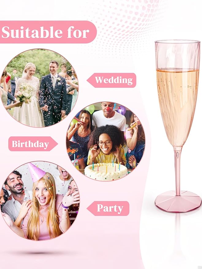WDF 36PCS Pink Champagne Flutes Plastic - 6OZ Pink Disposable Champagne Flutes Party Supplies for Wedding/Birthday/Parties