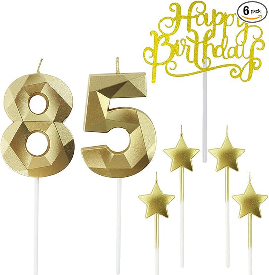 Golden Number 85 Birthday Candles and Star Birthday Candles 2.76 inch Birthday Cake Candles 3D Diamond Shaped Candles are Suitable for Birthday Parties and Anniversary Cake Decorations Candles