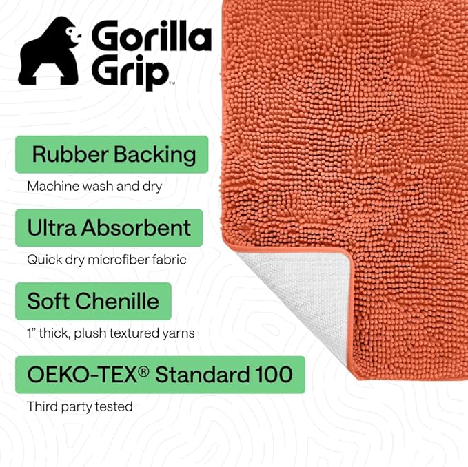 GORILLA GRIP Bath Rug Mat 44x26, Thick Soft Absorbent Chenille, Quick Dry Microfiber Mats, Rubber Backing Washable Shower Floor Rugs, Bathmat Runner, US Designed Bathroom Home Decor Accessories Coral