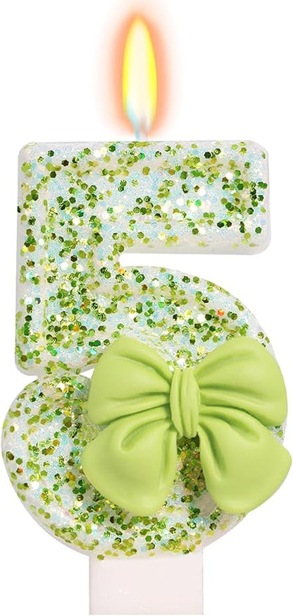 Birthday Candle for Cake, Green Bow Number Cake Candles, 2.76 inch Cake Topper Decoration for Birthday Party (Number 5)
