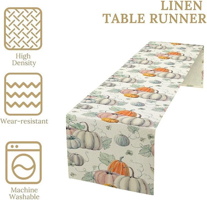 Fall Pumpkin Table Runner Vintage Leaves Plant Motifs Thanksgiving Theme Watercolor Illustration Home Decor for Farmhouse Indoor Outdoor Party Holiday Dining Kitchen Restaurant Cafe W13xL36in