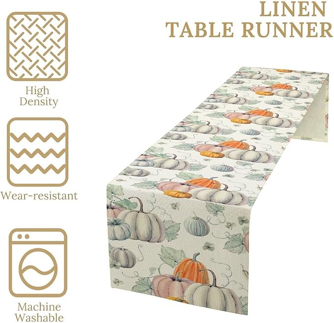 Fall Pumpkin Table Runner Vintage Leaves Plant Motifs Thanksgiving Theme Watercolor Illustration Home Decor for Farmhouse Indoor Outdoor Party Holiday Dining Kitchen Restaurant Cafe W13xL120in