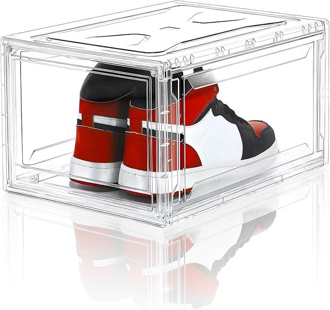 Acrylic Shoe Storage Boxes with Magnetic Door - 360° Clear Stackable Shoe Display Box Set, Plastic Shoe Cabinet Rack Box for Sneakers Heels Shoes (12, Clear, L - Front Open)