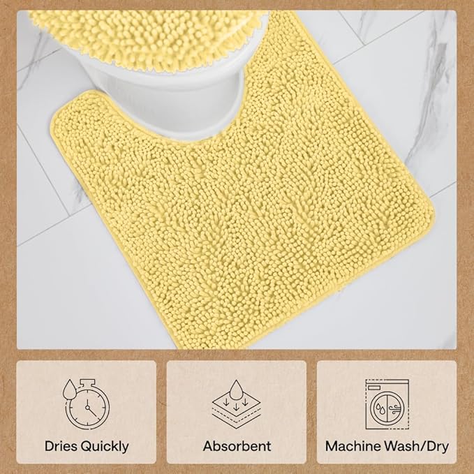 GORILLA GRIP Plush Absorbent Shaggy Chenille Bath Rug Mat for Oval Toilet Base with Rubber Backing, Machine Washable Rugs, Soft Microfiber Contour Mats for Toilets, Bathroom Decor, Yellow