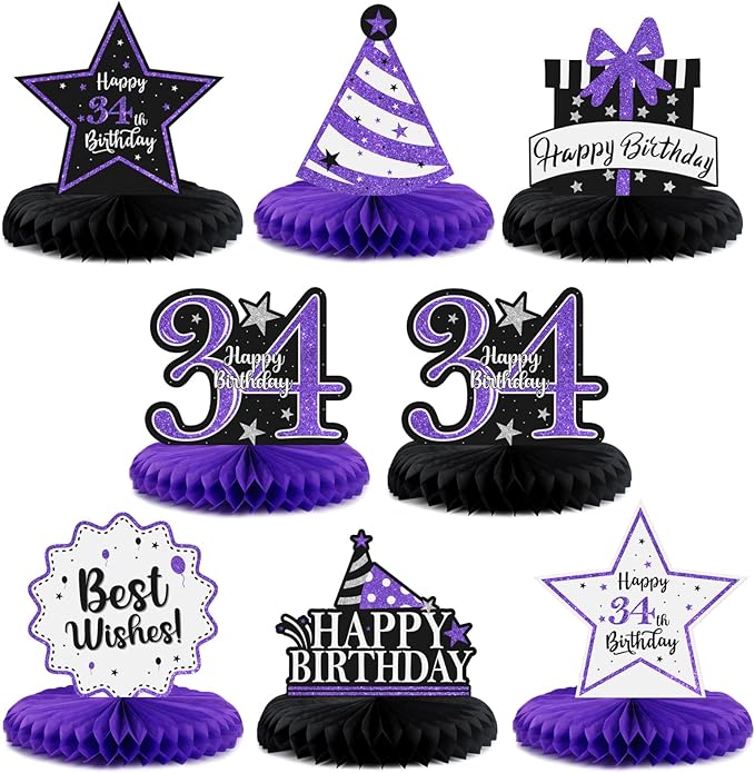 Happy 34th Birthday Decorations,34th Bday Purple Glitter Shiny Stand Honeycomb Table Centerpieces - Cheers to 34 Years Old Birthday Party Photoprop Gift Sign.