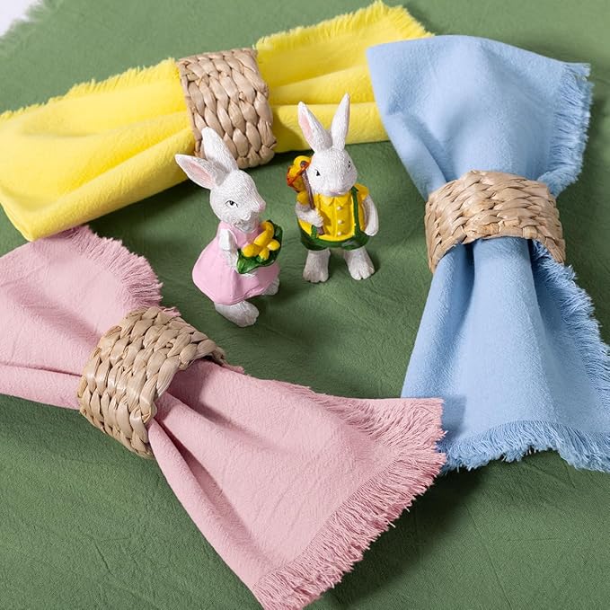 12 Pack Mixed Easter Color Cotton Linen Napkins with Fringe Easter Spring Cloth Napkins Set of 6 12 Boho Handmade Dinner Napkins Bulk for Wedding Bridal Baby Boy Shower Parties, 17 x 17
