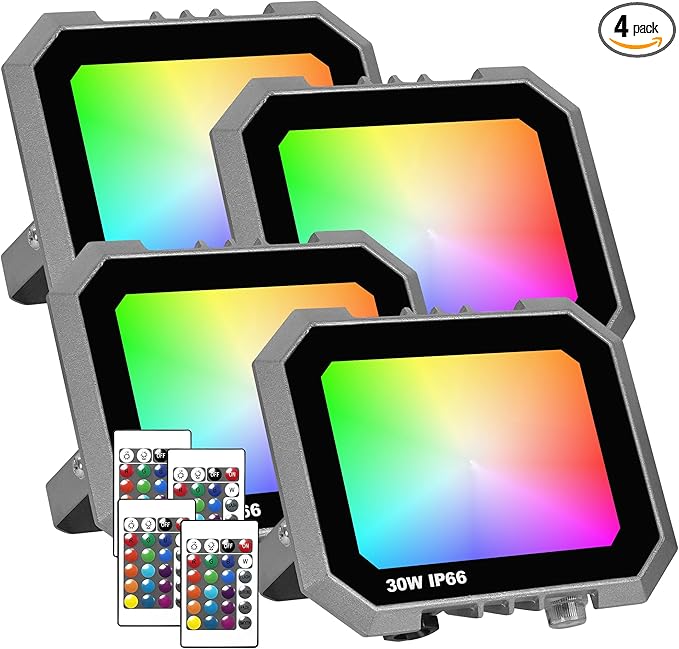 4 Pack RGB LED Flood Light 30W, 300W Equivalent 3000 LM Outdoor Landscape Flood Lights with 4 Remote, IP66 Waterproof Outdoor Light for Christmas Party Stage Uplight Wall Wash