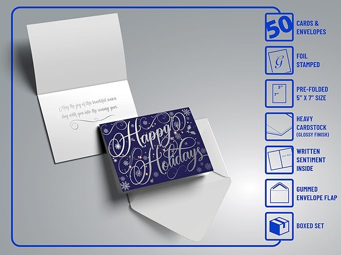 Better Office Products 50 Pack Happy Holidays Cards with Silver Foil Accents, 5" x 7", High Gloss, Interior Greeting, with 50 Envelopes, Christmas Cards, New Years Cards, 50 Count Boxed Set