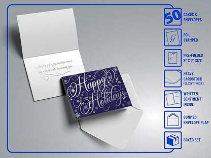 Better Office Products 50 Pack Happy Holidays Cards with Silver Foil Accents, 5" x 7", High Gloss, Interior Greeting, with 50 Envelopes, Christmas Cards, New Years Cards, 50 Count Boxed Set