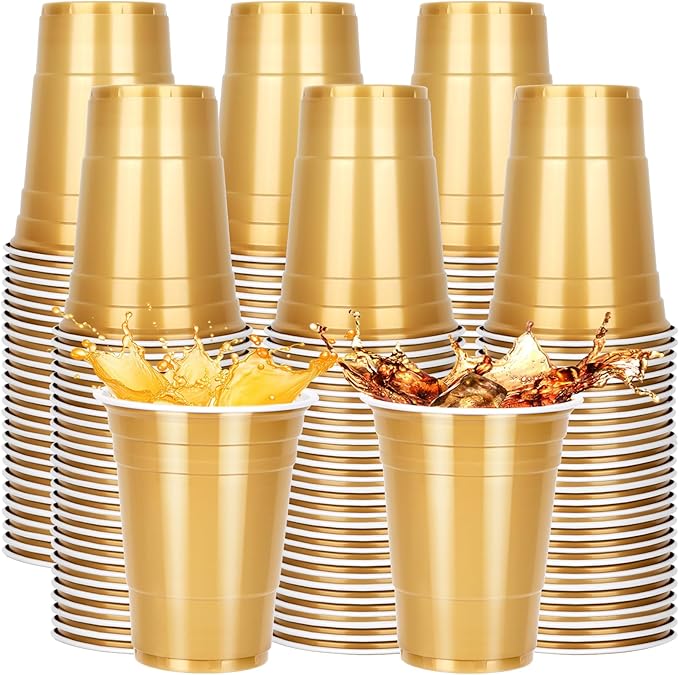 100PCS Gold Plastic Cups, 16oz Disposable Party Cups Bulk Pack, BPA Free Drinking Cups for Soda Juice Beer Cold Drinks Suitable for Wedding Halloween Thanksgiving Christmas Birthday Celebrations
