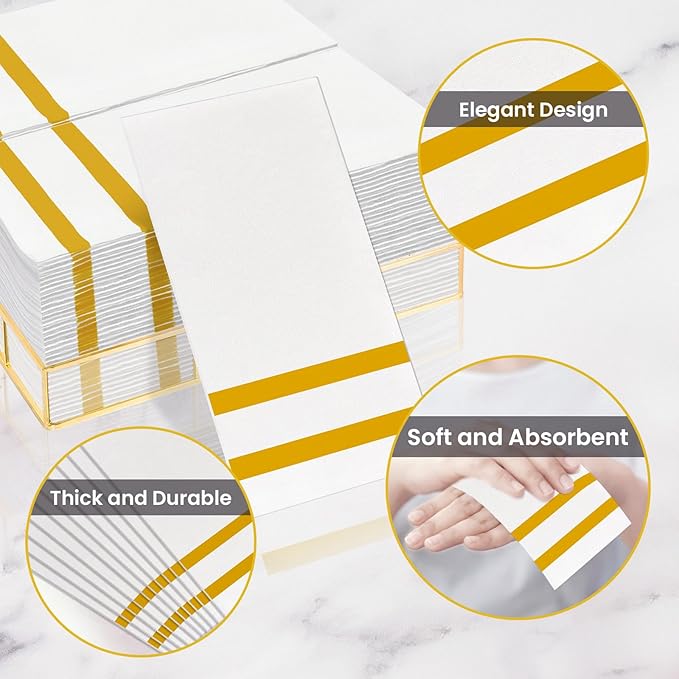 100 Pack Napkins Disposable Guest Towels Linen-Feel Decorative Napkins Soft and Absorbent Dinner Paper Hand Towels for Bathroom Party Powder Room Hotel Fancy Restaurant (100, Gold Line)