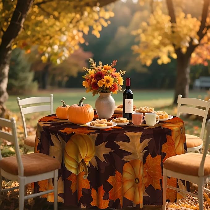 Eikione 60In Round Tablecloth, Pumpkin Table Cloth, Black Checkered Tablecloth Pumpkin Thanksgiving Day Tablecovers