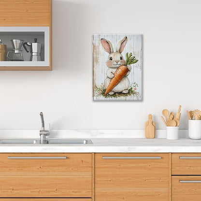 Rabbit Wall Art, Easter Bunny Pictures Wall Decor, Farmhouse Rabbit Carrot Canvas Prints, Rustic Cute Animal Painting Framed Artwork for Bathroom Living Room Bedroom Office Dining Room 16"X12"