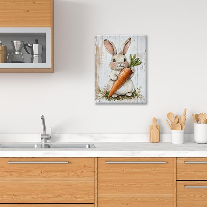 Rabbit Wall Art, Easter Bunny Pictures Wall Decor, Farmhouse Rabbit Carrot Canvas Prints, Rustic Cute Animal Painting Framed Artwork for Bathroom Living Room Bedroom Office Dining Room 24"X20"