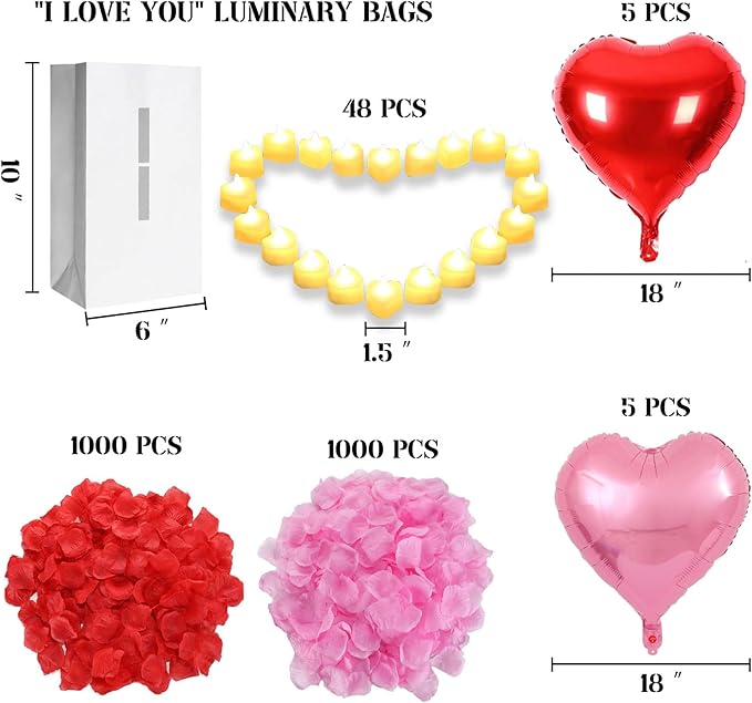 I Love You Lighted Letters Sign 8pcs Luminary Paper Bags 2000pcs Red Pink Artificial Rose Petals 48pcs Flameless LED Candle Tealight 10pcs Heart Balloons Romantic Night Valentine's Day Decorations