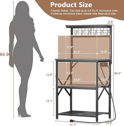 Furologee Kitchen Bakers Rack with Power Outlet, Coffee Bar Station with Storage 4 Tiers, Microwave Oven Stand with 6 S Hooks, Kitchen Storage Shelves Rack for Spices, Pots, Black Oak