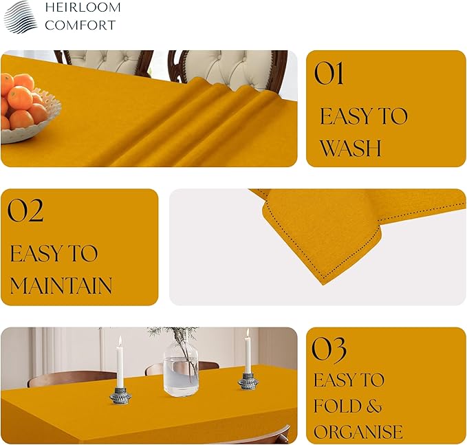 Mustard Yellow Cotton Table Cover, 60x102 Inch, Fits 8-10 Seats, Soft, Durable, Washable, Wrinkle Resistant, Rectangle Table Cloth for Summer Gatherings, Festive Meals, Dining Decor