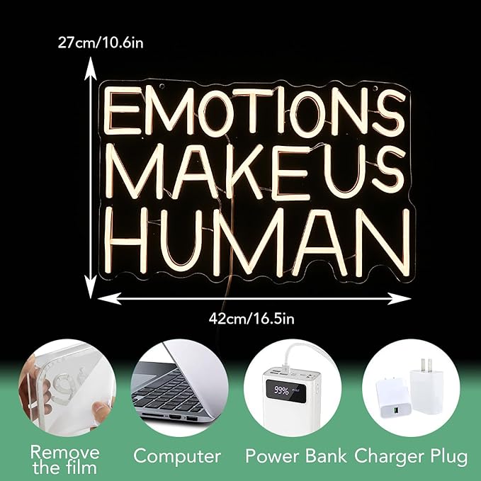 Emotions Make Us Human Neon Sign Dimmable Switch Neon Signs for Wall Decor USB Warm White Led Light Up Signs for Home Museum Bar(16.5”*10.6”)