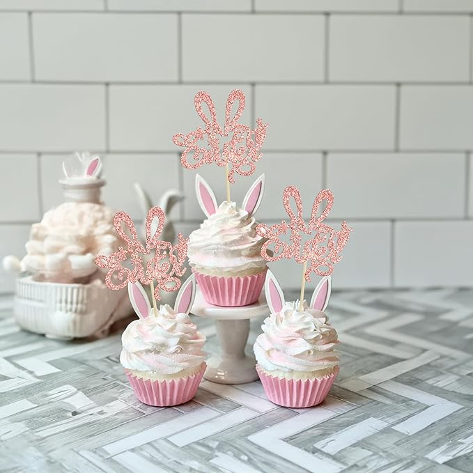 Ephlyn 24Pcs Rose Gold Glitter Easter Rabbit Ear Cupcake Picks Decorations for Happy Easter Day Theme Baby Shower Kids Birthday Party Supplies