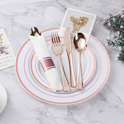BESTVIP 175PCS Rose Gold Plastic Dinnerware Set, Disposable Party Plates for 25 Guests, Include: 50 Plastic Plates, 25 Pre Rolled Napkins with Rose Gold Silverware, 25 Cups for Christmas, Halloween