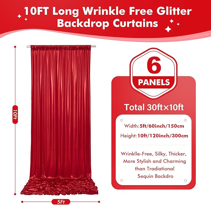 30x10ft Shimmer Red Sequin Backdrop Curtain for Parties, Thick Wrinkle Free Glitter Backdrop Drapes Photo Back Drop Curtains for Birthday Wedding Party Photography Background-6 Panels 5x10ft
