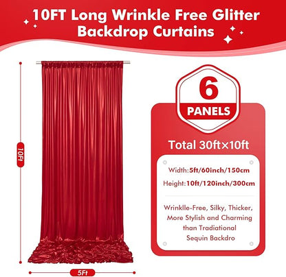 30x10ft Shimmer Red Sequin Backdrop Curtain for Parties, Thick Wrinkle Free Glitter Backdrop Drapes Photo Back Drop Curtains for Birthday Wedding Party Photography Background-6 Panels 5x10ft