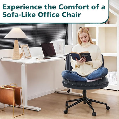 OLIXIS Criss Cross Chair with Wheels Wide Cross Legged Office Desk Vanity Chair Comfy Fabric Armless Adjustable Swivel for Home Computer Task PU Black