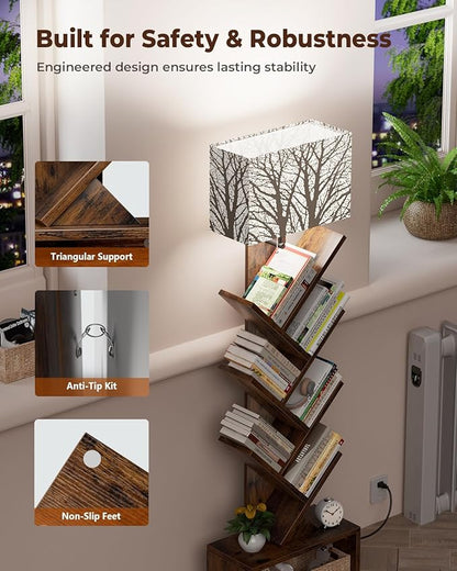 Evermagin Tree Bookshelf with Light, 6 Tier Small Bookcase, Narrow Floor Standing Book Tower Organizer with Storage Cabinet for Living Room, Bedroom and Home Office, Rustic Brown