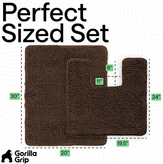 GORILLA GRIP Bathroom Rug Sets, Soft Chenille 2 Piece Area Rugs Set, Toilet Base Mat and 30x20 Carpet, Absorbent Microfiber Washable Mats Dry Quickly, Home Décor and Bath Room Accessories, Brown