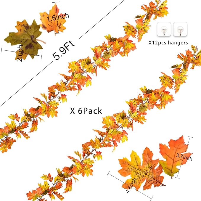 DearHouse 6 Pack Fall Garland Maple Leaf Clearance, 5.9Ft/Piece Hanging Vine Artificial Autumn Garland Thanksgiving Decor for Home Wedding Fireplace Party Christmas (Yellow)
