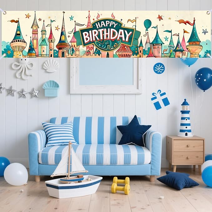 Nuxovilar Happy Birthday Banner Decorations 17.72x78.74 Inch Castle Theme - Polyester for Indoor Outdoor Birthday Party Decor