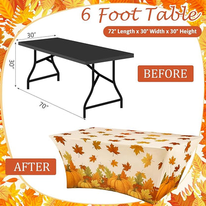 Oudain 2 Pcs Thanksgiving Stretch Table Cover 6 Feet Fall Orange Pumpkin Spandex Table Clothes Autumn Maple Leaf Acorn Party Decorations for Holiday Party Celebration Picnic Dinner Decor