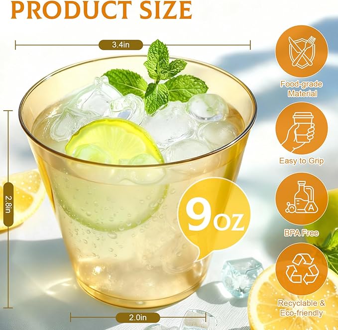 150 Pack Plastic Cups 9 oz Gold Clear Plastic Cups for Cocktail Fancy Disposable Cup for Party Stemless Wine Glasses for Wedding Thanksgiving Christmas Party Graduation