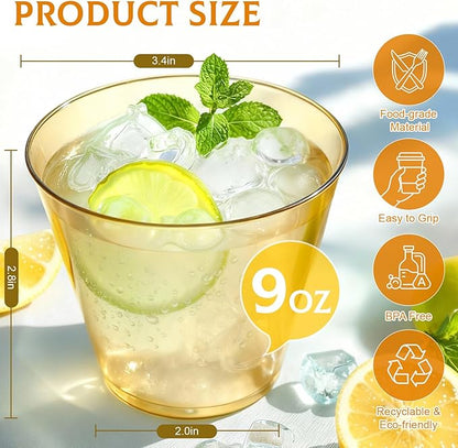 150 Pack Plastic Cups 9 oz Gold Clear Plastic Cups for Cocktail Fancy Disposable Cup for Party Stemless Wine Glasses for Wedding Thanksgiving Christmas Party Graduation
