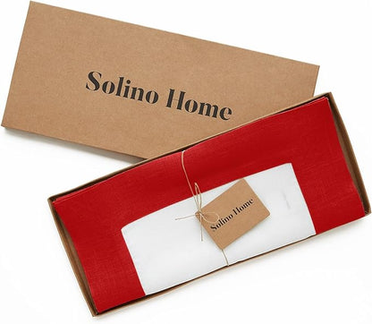 Solino Home Linen Table Runner 120 Inches Long - Red and White 100% Pure Linen 14 x 120 Inch Table Runner for Dining, Christmas, Holiday, Winter, New Year - Contempo