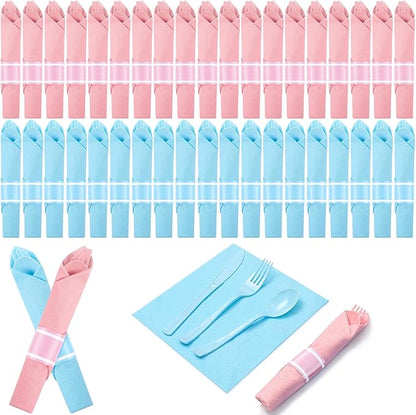 Lasnten 200 Pcs Pre-rolled Light Pink and Blue Plastic Silverware Set for 50 Guest Baby Gender Reveal Party Supplies Include Napkins Knives Spoons and Forks for Baby Shower (Light Pink and Blue)