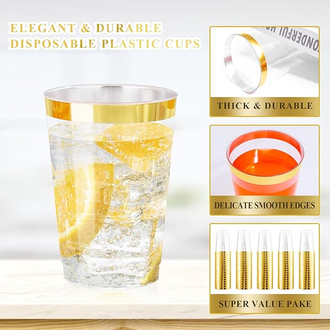 Ciaell 120PCS Gold Plastic Cups - 12Oz Heavy Duty Plastic Cup - Disposable Gold Rimmed Cups - Premium Gold Rim Cup Perfect for Wedding & Party & Thanksgiving