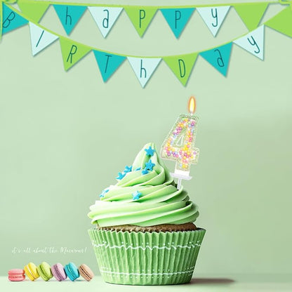 Birthday Candles - Number 4 Candle, Colorful Macaron Candles for Boys/Girls, Green Cake Decorations, Fairy Tale Themed Party Supplies