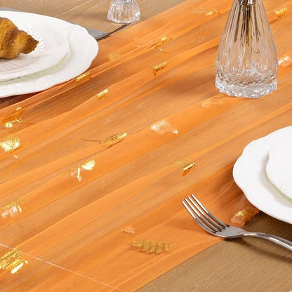Maple Gold Table Runner for Thanksgiving Sheer Gauze Cheesecloth 120 Inch with Glitter Harvest Table Decor for Family Feasts Dining Room Home Celebration - Orange